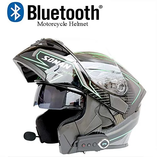 Moto Casco Bluetooth Casco Anti-Collisione Casco Modulare D.O.T Certificazione Flip Frontale Anti-Fog Doppio Specchio Risposta Automatica Bluetooth Musica (M, L, XL, XXL),Blackgreen,M57CM~58CM