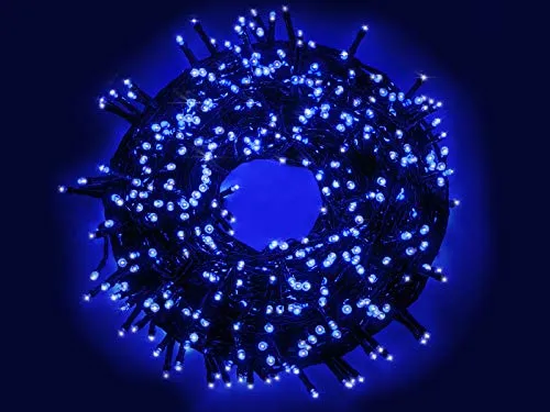 Serie 300 luci a Led 15 metri Blu su cavo verde per Albero di Natale uso esterno ed interno con 8 differenti giochi di luce