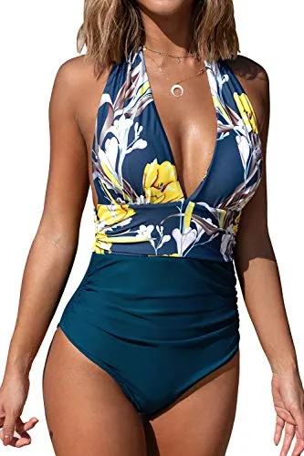 CUPSHE Costume da Bagno da Donna Halter Scollo a V Shirring Costume Intero, Floreale-Blu Oscuro, L