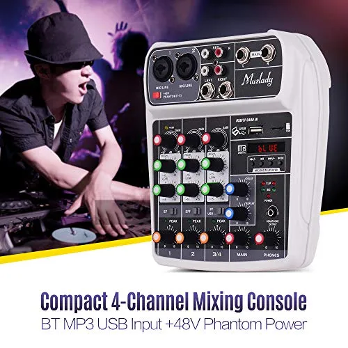 Lepeuxi AI-4 Compact Sound Card Console di missaggio Mixer audio digitale 4 canali BT MP3 Ingresso USB + 48 V Phantom Power per registrazione musicale DJ Network Live Broadcast Karaoke
