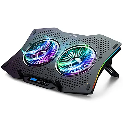 TECKNET Base di Raffreddamento per Notebook Universali 9'' a 17'', Ventola PC Portatile con 10 modalità Retroilluminazione RGB, 2 Ventole Silenziose, 7 Altezze di Regolazione e 2 Porte USB