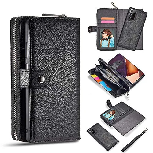 Custodia per Galaxy Note 20 Ultra 2020, Samsung Note 20 Ultra Portafoglio con tasca magnetica in pelle rimovibile, grande capacità, con chiusura lampo, cordino, con porta carte di credito, nero