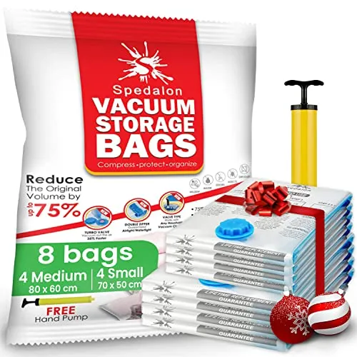 Vacuum Storage Bag – Confezione da 8 (4 Medium (80 x 60 cm) + 4 Small (70 x 50 cm) – perfetto per vestiti, riutilizzabili e | Space Savers con pompa a mano per viaggi imballaggio