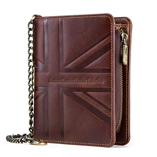 Contatti RFID blocco in pelle bifold cerniera portamonete borsa portafoglio uomo vintage con catena antifurto