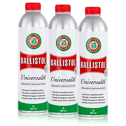 Ballistol 3 barattoli di olio da 500 ml, olio per la cura delle armi, olio di penetrazione universale