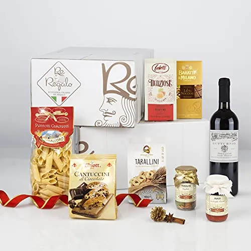 RE REGALO KIT DEGUSTAZIONE PICCOLA ITALIA Cesto 7 pezzi Cioccolato, Gelatine di frutta, Cantucci, Sugo Pomodoro e Funghi Porcini, Verdure grigliate, Taralli di Puglia, Pasta di semola, Alta qualità