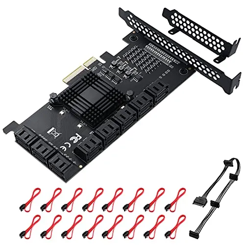 MZHOU Scheda PCIe SATA, Scheda di Espansione Controller da PCIe a SATA, 6 Gbit / s X4 / X8 / X16, Supporta 16 Dispositivi SATA 3.0 con 16 Cavi SATA e Staffa a Basso Profilo (Chip ASM1166)