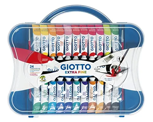 GIOTTO Tempera - Valigetta Da 24 Tubetti Di Tempera Ultrafine Concentrata + 2 Pennelli, 12 ml, Con Tavolozza Estraibile