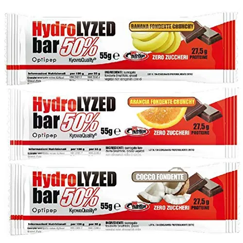 HYDROLYZED BAR 50% [BARRETTA DA 55 G] - barrette proteiche zero zuccheri (FONDENTE CRUNCHY, BOX DA 24 BARRETTE)