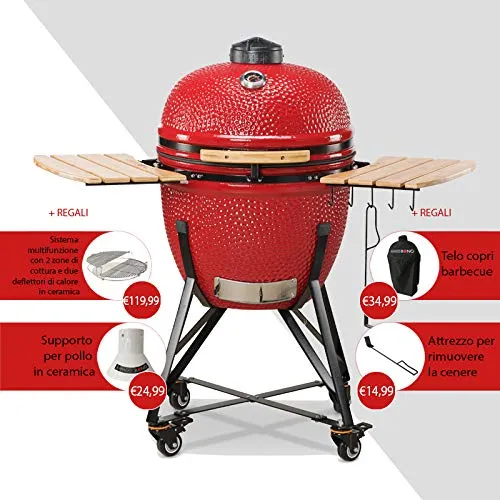 Kamado BONO Grande 23" 59 Red cm Barbecue in Ceramica con Sistema Dual Zone