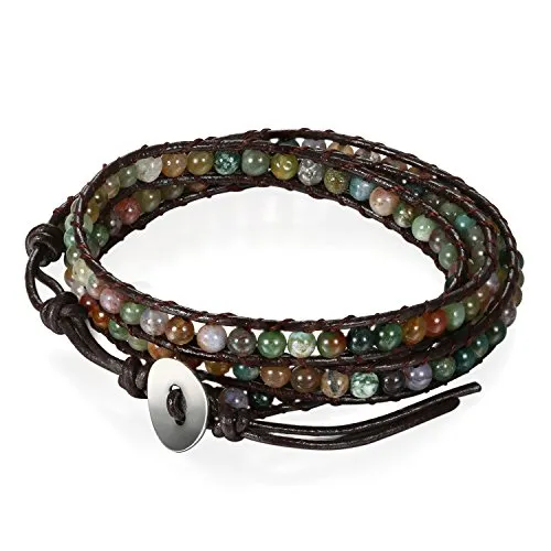 Flongo Bracciale in pelle intrecciata con palline, Bracciale etnico boho wrap bracciale tribale multi strati per donna uomo, Braccialetto regolabile Colori D