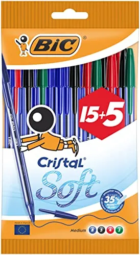 Bic Penne A Sfera Cristal Soft, Fornitura Per Cancelleria Scuola E Ufficio, Multicolore, ‎20 Unità (Confezione da 1)