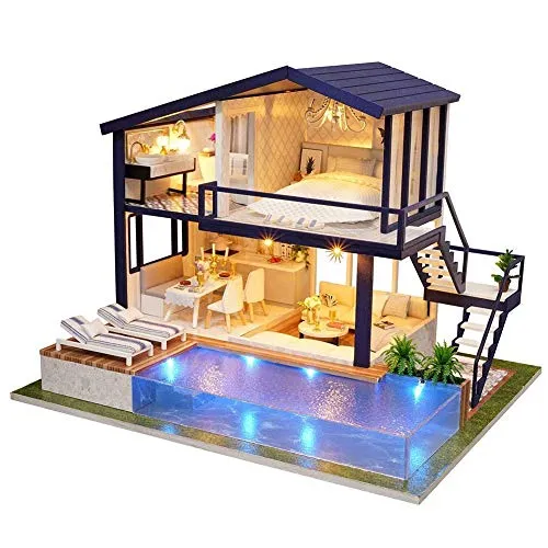 Hakeeta Casa delle Bambole in Legno di Design Fai-da-Te, con luci + Piscina, Miniatura con Tutti i mobili, Villa delle Bambole, Gioco di decompressione (con/Senza parapolvere) (Senza parapolvere)