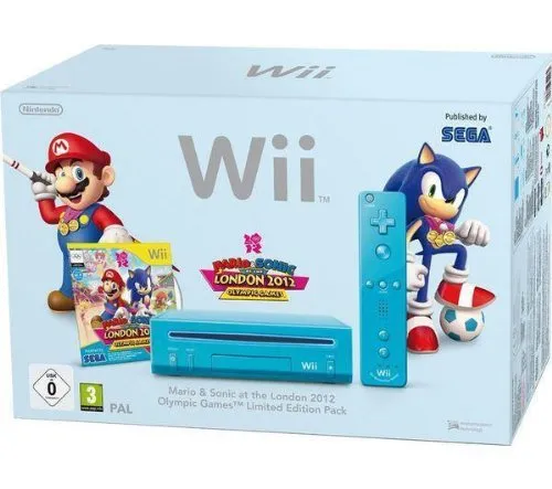 Console gioco Wii blu + gioco Mario & Sonic alle Olimpiadi di Londra 2012 + 1 telecomando Wii Plus blu + 1 Nunchuk blu + Wii Motion Plus – bianco + controller Nunchuk