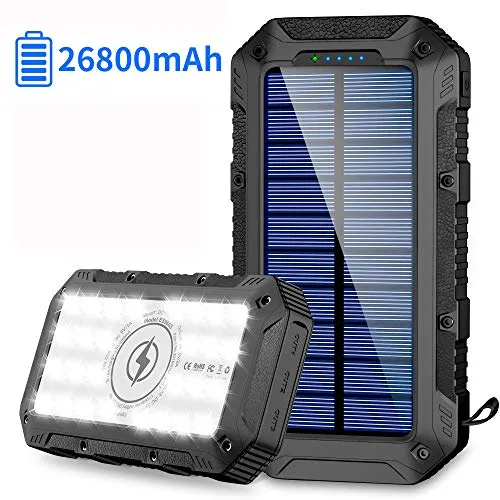 Powerbank Solare 26800mAh Caricabatterie Portatile Wireless Qi Batteria Esterna Solare con 4 Porte di Uscita(3USB+Qi) e Torcia a 28 LED 2 Modalità di Ricarica(Solare+USB) per Campeggio Android iOS