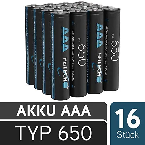 HEITECH 650 Pile ricaricabili AAA Micro - 16× NiMH Batteria ricaricabili con min. 550mAh e 1,2V - Batterie ricaricabili per dispositivi ad alto consumo energetico - ideali per telefono