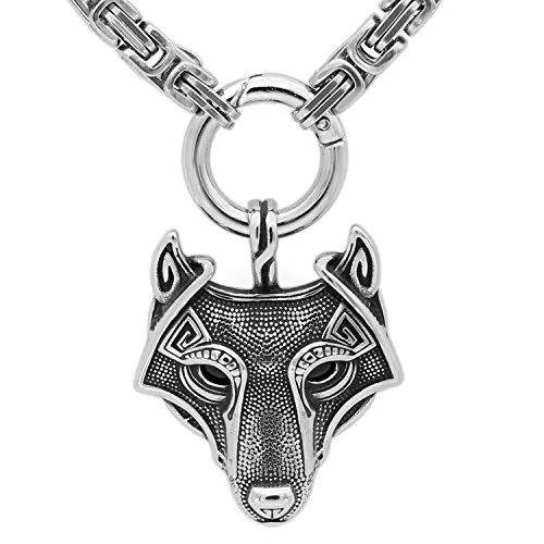 Collana con ciondolo a forma di testa di lupo, con catenina in acciaio inossidabile, con speciale lavorazione a nodo, stile: vichingo/pagano/scandinavo, Fenrir C327