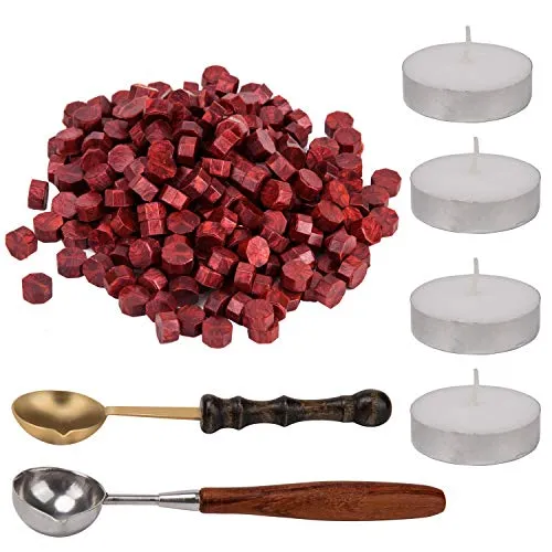 AIEX 200 Pezzi Sigillo Ceralacca Perline Kit Ceralacca Sealing Wax con 4 pezzi tè candele e 2 pezzi cera fusione cucchiaio per Timbro Ceralacca (Rosso)