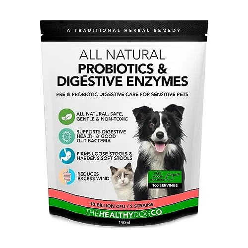 The Healthy Dog Co Probiotici Naturali, Enzimi Digestivi - 10B CFU, 2 Linee - Anti Flatulenza, Aiuta la Digestione, l'Immunità, la Salute del Cuore - Integratore Vegetale per Cani e Gatti, 140g