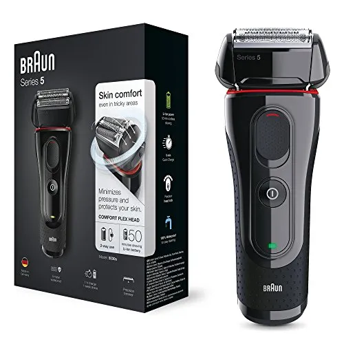 Braun Series 5 5030s Rasoio da Barba Elettrico, Ricaricabile, a Lamina, senza Fili, da Uomo con Rifinitore di Precisione Estraibile e Batteria Li-Ion, Nero/Rosso