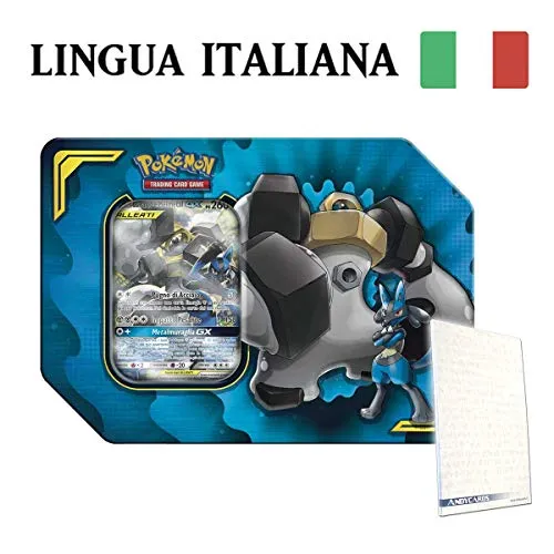 Andycards Tin Pokémon Lucario e MELMETAL in Italiano - Carta GX + 4 Buste da 10 Carte Casuali + Segnapunti