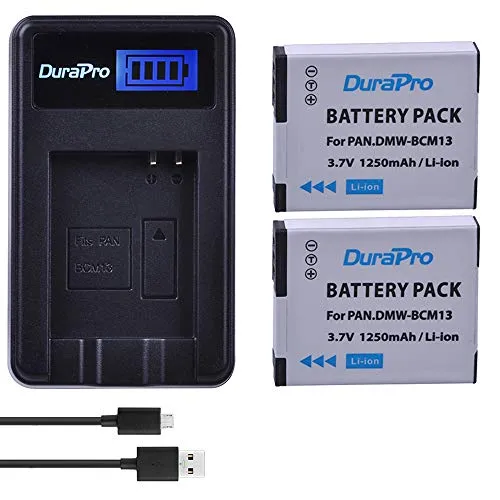 DuraPro - Batteria DMW-BCM13 da 1250 mAh + caricatore USB LCD per fotocamere Panasonic Lumix ZS40 / TZ60, ZS45 / TZ57, ZS50 / TZ70, ZS27 / TZ37, TZ41, confezione da 2
