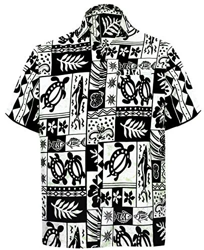 LA LEELA Hawaiian Bottone della Camicia Maglietta Maniche Giù Corta Casuale Vacanza Vacanza Beach Party Nuotata 4XL-Torace (in CMS):162-167 Nero_W124
