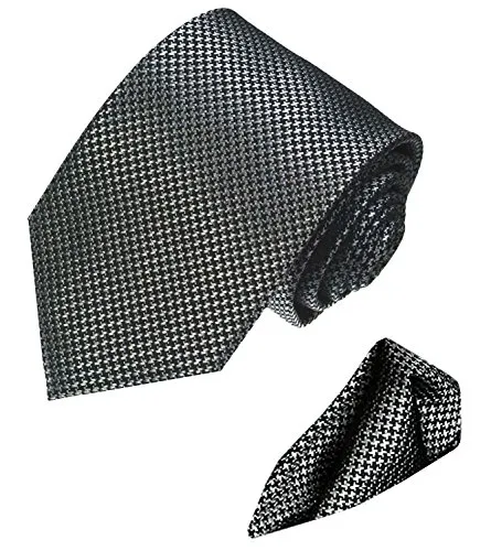 Lorenzo Cana – Set in 100% seta – Cravatta con fazzoletto da taschino con pattern Houndstooth – Grigio Nero Grigio Argento – 8447401