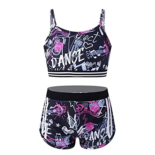 Freebily Abiti Danza Moderna Bambina Tuta Sportiva Ragazza Paillettes Vestito Danza del Ventre Body Ginnastica Artistica 2 Pezzi Crop Top Pantaloncini Paletra Dancewear Nero D 11-12 Anni