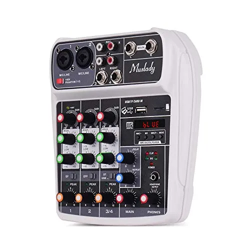 Muslady Console Mixer 4 canali Scheda Audio Mixing Digitale Audio Compatto BT Ingresso USB MP3 + Phantom Power 48V per la Registrazione Musicale DJ Network Trasmissione in Diretta Karaoke AI-4