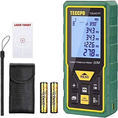 TECCPO Telemetro Laser 50M, Sensore Angolare Elettronico, m/in/ft/ft+in, Funzione Muto, 30 Gruppi Dati, Distanza, Area, Volume, Pythagore, Angolo, IP54- TDLM21P