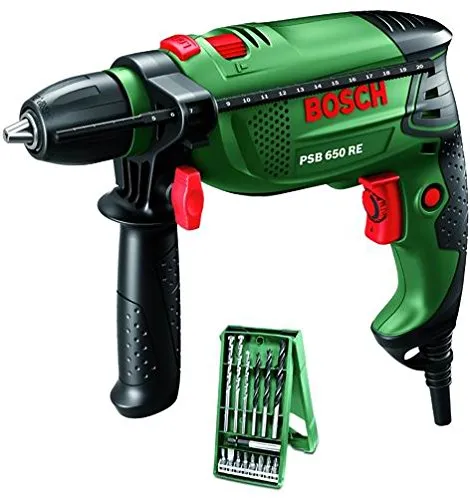 Bosch 89100-37 Trapano Battente PSB 650 RE Compact con Set X-Line 0603128005 da 15 Pezzi, Verde