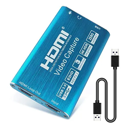 PTN Scheda Acquisizione HDMI, Dispositivo Acquisizione Video Audio 4K USB 3.0, Scheda Acquisizione Giochi HD HDMI USB, 1080P 60FPS Live Streaming HDMI Capture per Live Streaming Registrazione (Blue)