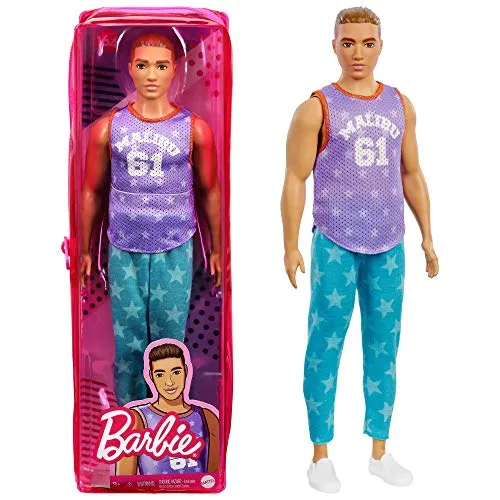 Barbie -Fashionistas Bambola Ken con Capelli Castani, Maglietta Viola "Malibù" e Vestiti alla Moda, Giocattolo per Bambini 3+ Anni, GRB89