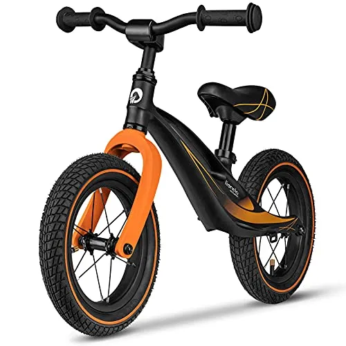 LIONELO Bart bici senza pedali leggera e resistente da 2 anni fino 30 kg telaio in magnesio ruote da 12 pollici manubrio e sella regolabili comodo poggiapiedi (Nero-Arancione)