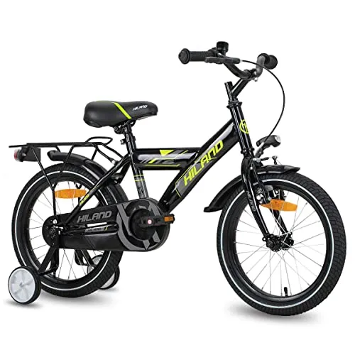 HILAND Bicicletta per Bambini 16/18 Pollici per Ragazzo e Ragazza 4 5 6 7 8 Anni, Bici con Sedile Posteriore/Portapacchi, Freno a Mano e Contropedale, Bianco/Blu/Nero