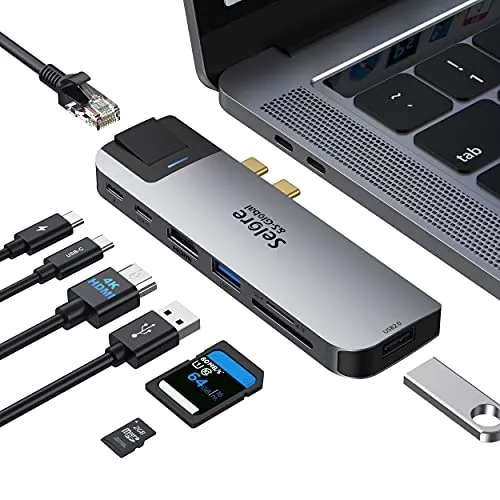 Adattatore USB C Hub MacBook Pro con RJ45 Ethernet, HDMI 4K, Thunderbolt 3 PD 100W, tipo C Data, porta USB 3.0/2.0, riproduzione schede SD/TF, USB C Dock per MacBook Pro MacBook Air 2020/2019/2018