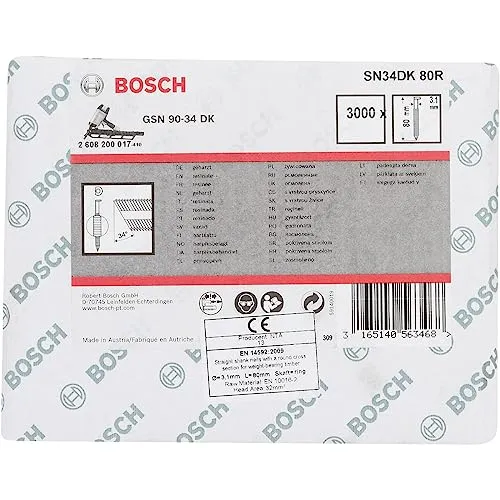 Bosch 2 608 200 017 - Chiodi in stecca con testa a D scanalata SN34DK 80R lucidi, 3,1 x 80 mm, 3000 pezzi