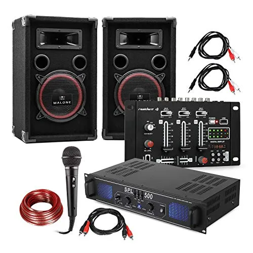Electronic-Star Set DJ e PA DJ-14 USB - Amplificatore PA , Console di Mixaggio USB , Coppia di Altoparlanti , Microfono Karaoke , Set di Cavi di Connessione