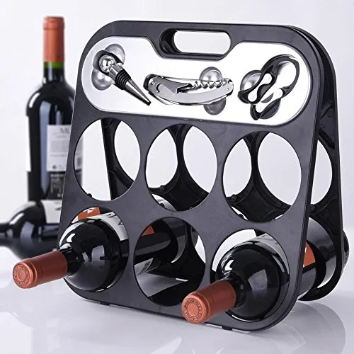 BAKAJI Portabottiglie Cantinetta Porta Vino per 6 Bottiglie con Accessori Somelier Luxury, Porta Bottiglie Pieghevole Salvaspazio con Manico