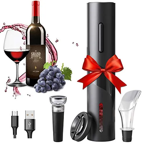 HSTD Amdo Cavatappi Senza Filo, Apribottiglie Vino Elettrico Set Micro USB, Taglia Foglio, Tappi per Vino, Versatore, Campeggio, Compleanno per lanniversario, bomboniere Matrimonio