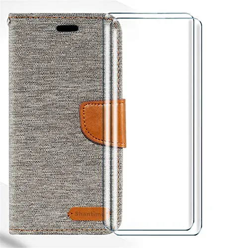 HYMY Denim Custodia per Wiko Y80 + 2 PCS Vetro Temperato Vetro Pellicola Glass - PU + TPU Silicone Protettiva in Pelle PU Bookstyle Flip Case Cover Shell-Gray