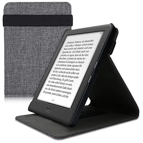 kwmobile Custodia in tessuto compatibile con Kobo Aura H2O Edition 1 - Cover con Fascia Mano e Leggìo verticale - Tessuto grigio