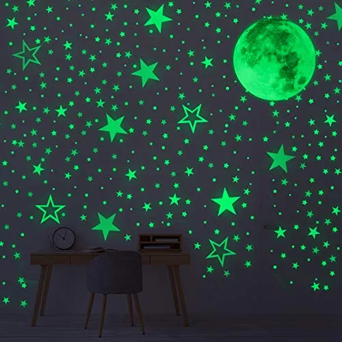 Vicloon Adesivi da Parete Fluorescenti, 519Pcs Glow in the Dark Stickers, Adesivo Luminoso con Stelle, Pieno Luna e Dots, DIY Adesivo Camera da Letto Cameretta Finestra Soggiorno Regalo per Bambini