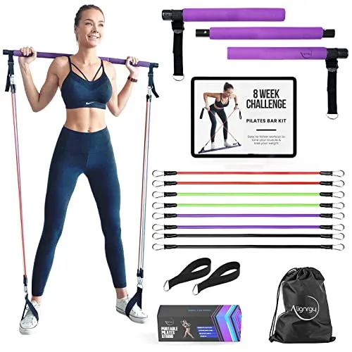 Kit di barre per pilates portatile con fasce di resistenza (20, 30, 40, 22,7 kg) – Barra per pilates a 3 sezioni di qualità premium con fasce di resistenza per esercizio – Kit per la casa di pilates