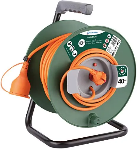 Electraline 49235 Prolunga Giardino con Avvolgicavo Spina e Presa Europea 2 Poli Adatta per Elettrodomestici da Giardinaggio, con Protezione, 40 m, Nero/Verde