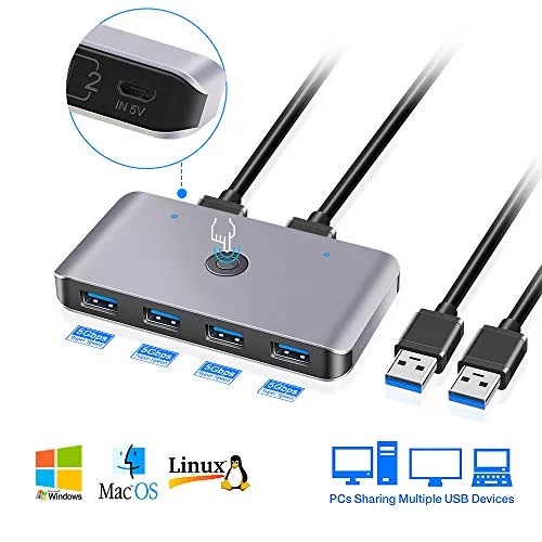 USB 3.0 KVM Switches, Hub Box di condivisione periferica USB 3.0, Selettore Switch USB 3.0 a 4 Porte a 2 Computer, Richiedi Mouse, Tastiera, Scanner e Stampante, Compatibile con Windows/Mac/Linux
