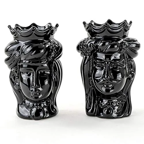 Ceramiche Azzaro & Romano Caltagirone Teste di Moro Nere H cm 14, Coppia Teste di Moro Piccole Fatte a Mano