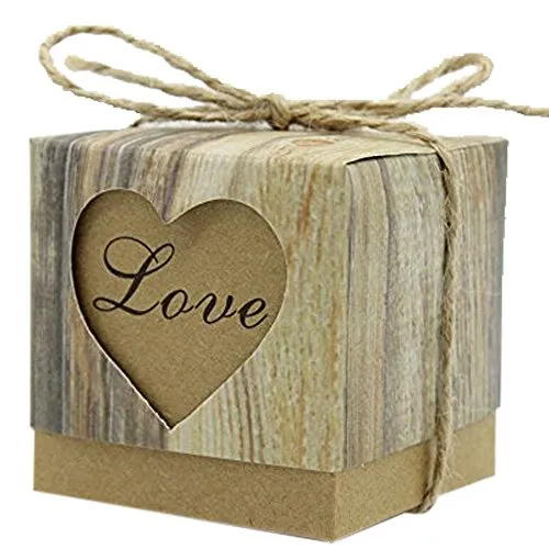 50x Scatola Cubo In carta Cartoncino Tema naturale giardino con forma cuore love con Corda in canapa (LOVE)