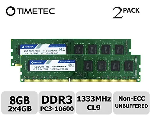 Timetec Hynix IC 8GB Kit (2x4GB) DDR3 1333MHz PC3-10600 Unbuffered Non-ECC 1.5V CL9 2Rx8 Dual Rank 240 Pin UDIMM Desktop Memorie Module Upgrade (8GB Kit (2x4GB))